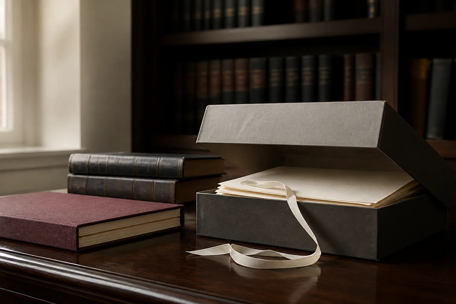 An archival box and bound legal volumes on a walnut library table.