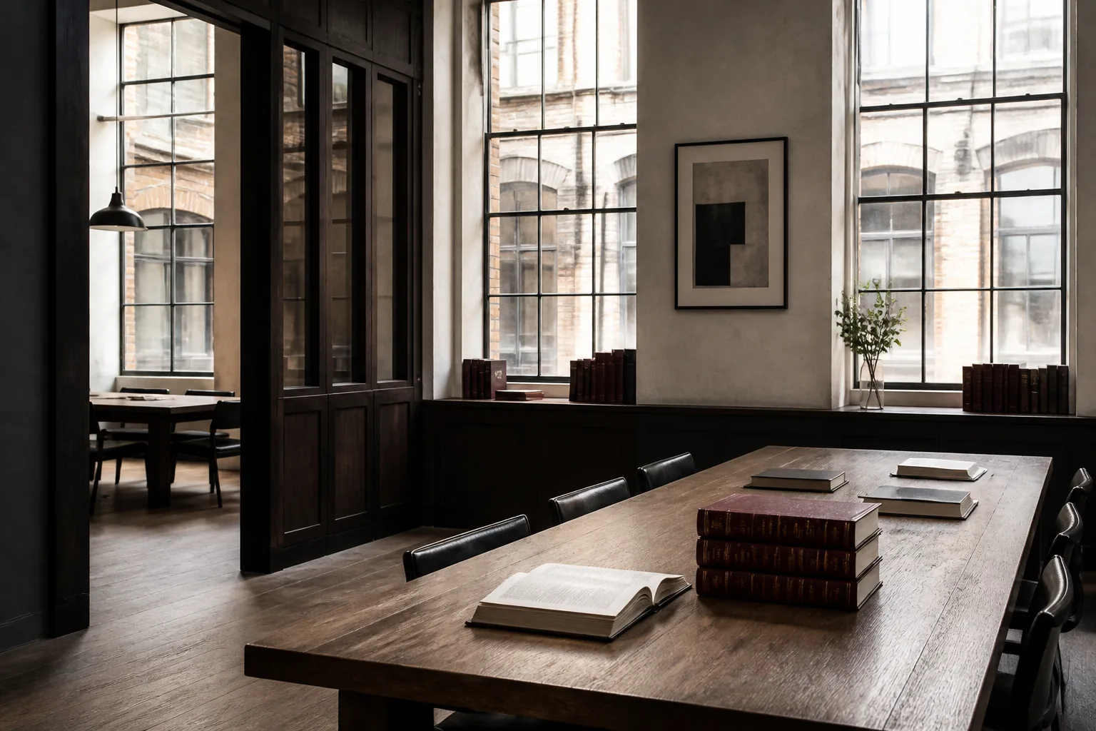 A light-filled London meeting room in a restored printworks with industrial windows and dark joinery.
