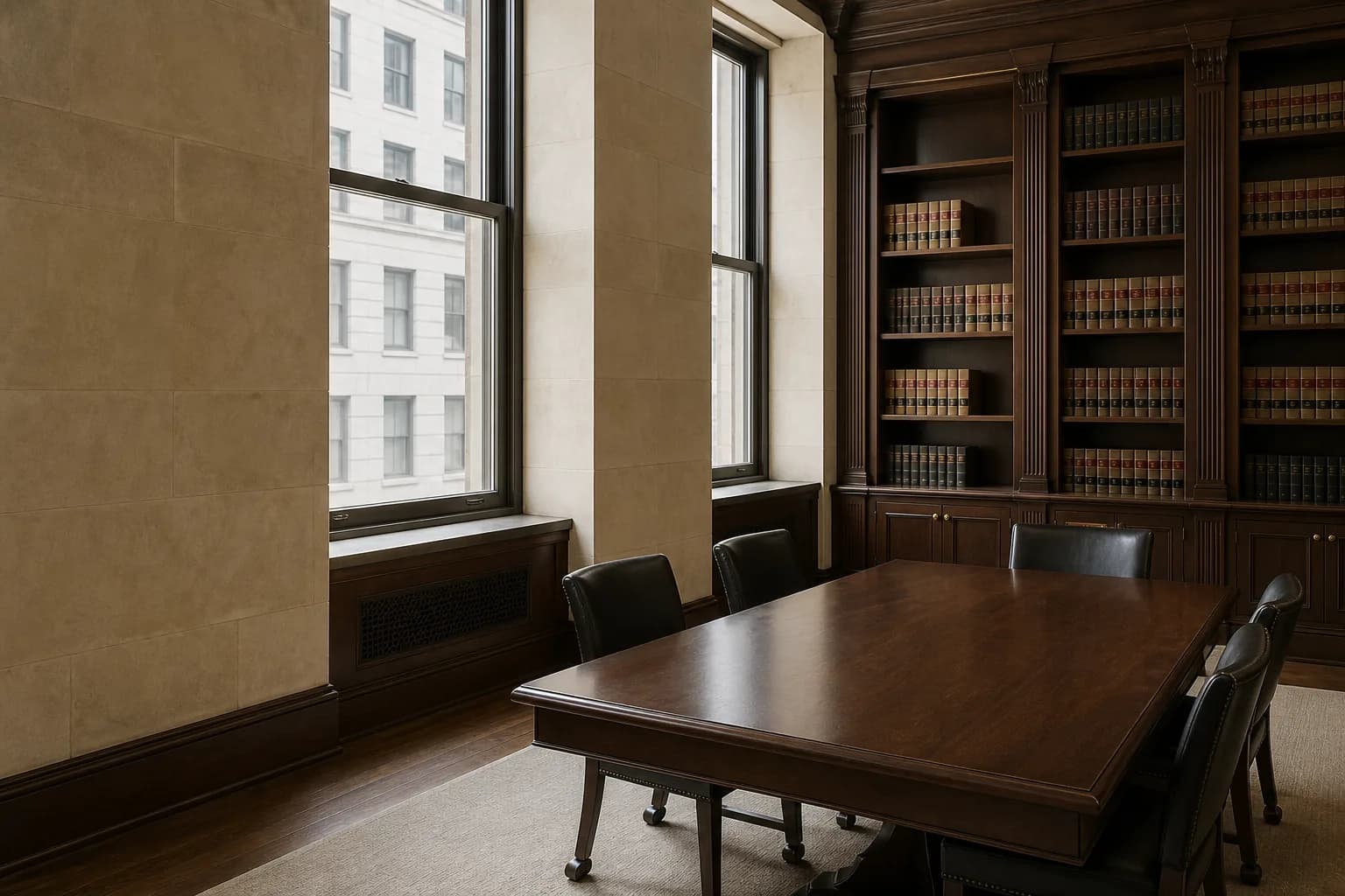 A quiet New York meeting room with a long walnut table, tall windows, and law books.