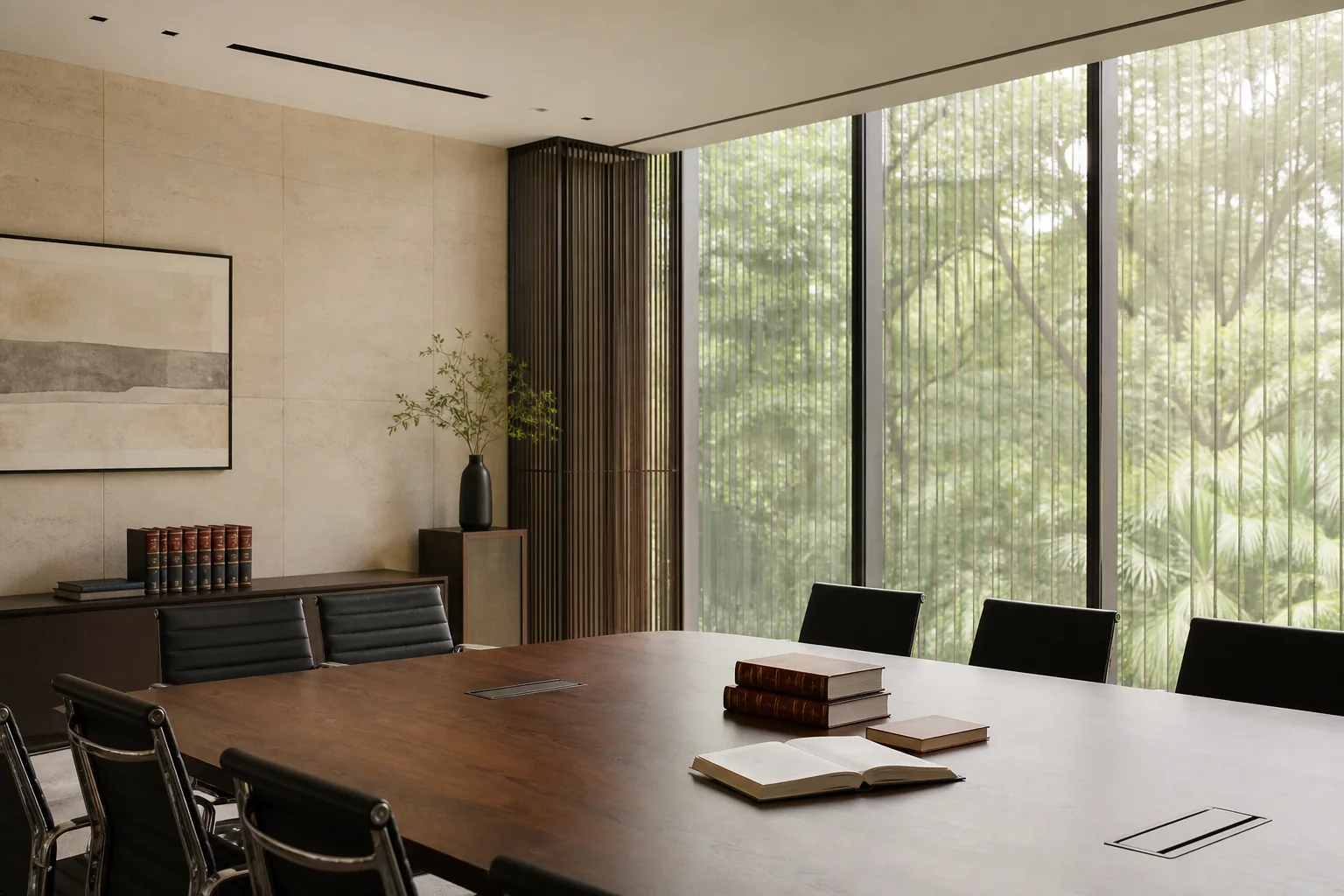 A Singapore meeting room with filtered daylight, a walnut table, and tropical greenery beyond the glass.