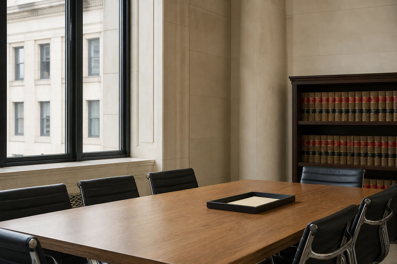A Washington meeting room with pale stone walls, an oak table, and a restrained bookcase.